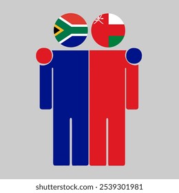 Flat illustration of two human figures with South Africa and Oman flags as heads. Minimalistic design, isolated background.