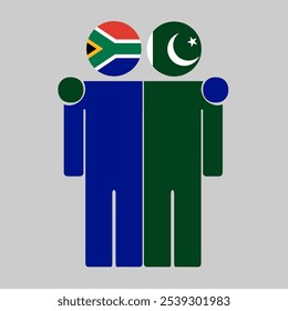 Flat illustration of two human figures with South Africa and Pakistan flags as heads. Minimalistic design, isolated background.