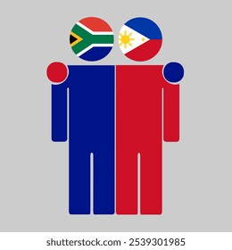 Flat illustration of two human figures with South Africa and Philippines flags as heads. Minimalistic design, isolated background.