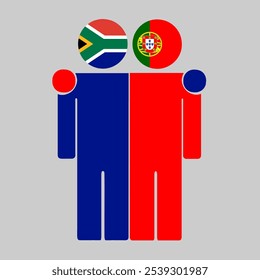 Flache Illustration von zwei menschlichen Figuren mit Südafrika und Portugal Flaggen als Köpfe. Minimalistisches Design, isolierter Hintergrund.