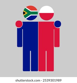 Flat illustration of two human figures with South Africa and Poland flags as heads. Minimalistic design, isolated background.