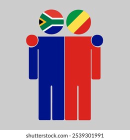 Flat illustration of two human figures with South Africa and Republic of the Congo flags as heads. Minimalistic design, isolated background.