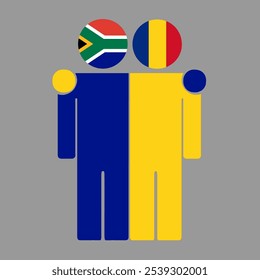 Flat illustration of two human figures with South Africa and Romania flags as heads. Minimalistic design, isolated background.