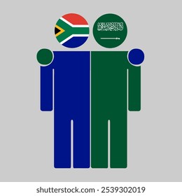 Flat illustration of two human figures with South Africa and Saudi Arabia flags as heads. Minimalistic design, isolated background.