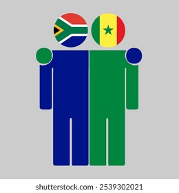 Flat illustration of two human figures with South Africa and Senegal flags as heads. Minimalistic design, isolated background.