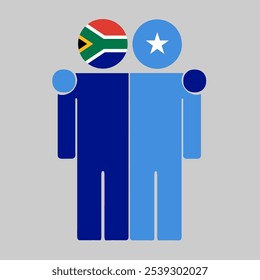 Flat illustration of two human figures with South Africa and Somalia flags as heads. Minimalistic design, isolated background.