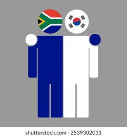 Ilustração plana de duas figuras humanas com bandeiras da África do Sul e da Coreia do Sul como cabeças. Design minimalista, fundo isolado.