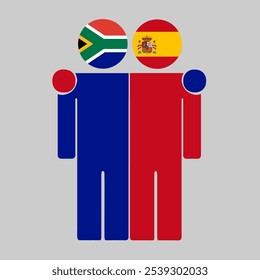 Flat illustration of two human figures with South Africa and Spain flags as heads. Minimalistic design, isolated background.