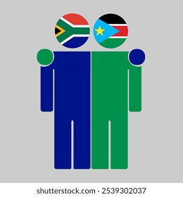 Flat illustration of two human figures with South Africa and South Sudan flags as heads. Minimalistic design, isolated background.