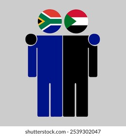 Ilustração plana de duas figuras humanas com a África do Sul e as bandeiras do Sudão como cabeças. Design minimalista, fundo isolado.