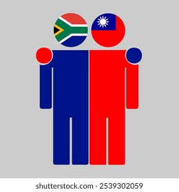 Flat illustration of two human figures with South Africa and Taiwan flags as heads. Minimalistic design, isolated background.