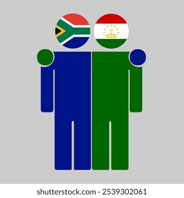 Flat illustration of two human figures with South Africa and Tajikistan flags as heads. Minimalistic design, isolated background.