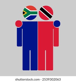 Flat illustration of two human figures with South Africa, Trinidad and Tobago flags as heads. Minimalistic design, isolated background.