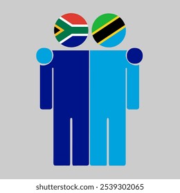 Flat illustration of two human figures with South Africa and Tanzania flags as heads. Minimalistic design, isolated background.