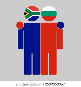 Flat illustration of two human figures with South Africa and Bulgaria flags as heads. Minimalistic design, isolated background.