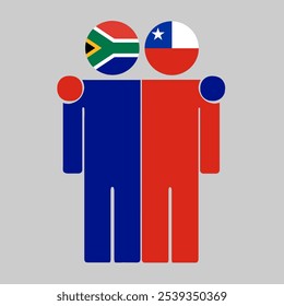 Ilustração plana de duas figuras humanas com a África do Sul e as bandeiras do Chile como cabeças. Design minimalista, fundo isolado.