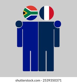 Flat illustration of two human figures with South Africa and France flags as heads. Minimalistic design, isolated background.