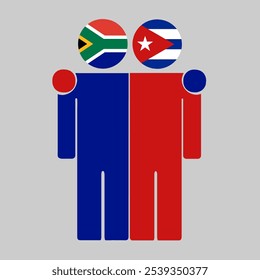 Flat illustration of two human figures with South Africa and Cuba flags as heads. Minimalistic design, isolated background.