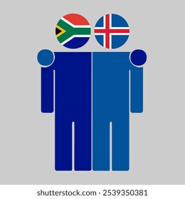 Flat illustration of two human figures with South Africa and Iceland flags as heads. Minimalistic design, isolated background.