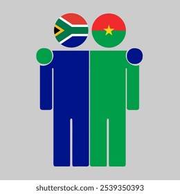 Flat illustration of two human figures with South Africa and Burkina Faso flags as heads. Minimalistic design, isolated background.