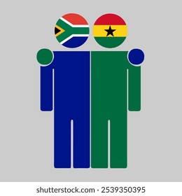 Flache Illustration von zwei menschlichen Figuren mit Südafrika und Ghana Fahnen als Köpfe. Minimalistisches Design, isolierter Hintergrund.