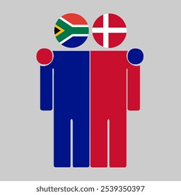 Flat illustration of two human figures with South Africa and Denmark flags as heads. Minimalistic design, isolated background.