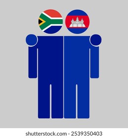 Flat illustration of two human figures with South Africa and Cambodia flags as heads. Minimalistic design, isolated background.