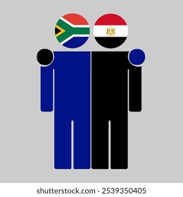 Flat illustration of two human figures with South Africa and Egypt flags as heads. Minimalistic design, isolated background.