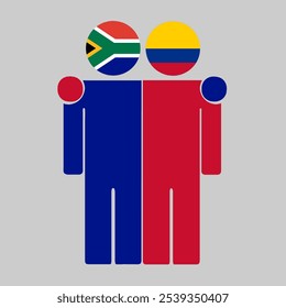 Flat illustration of two human figures with South Africa and Colombia flags as heads. Minimalistic design, isolated background.