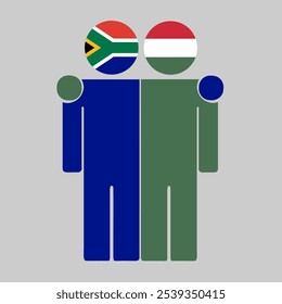 Flat illustration of two human figures with South Africa and Hungary flags as heads. Minimalistic design, isolated background.