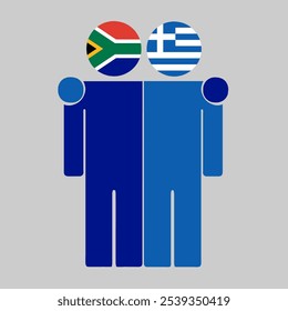 Flat illustration of two human figures with South Africa and Greece flags as heads. Minimalistic design, isolated background.