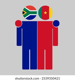 Flat illustration of two human figures with South Africa and Cameroon flags as heads. Minimalistic design, isolated background.