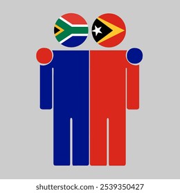 Flat illustration of two human figures with South Africa and East Timor flags as heads. Minimalistic design, isolated background.