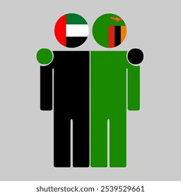Flache Illustration von zwei menschlichen Figuren mit VAE- und Sambia-Flaggen als Köpfe. Minimalistisches Design, isolierter Hintergrund.