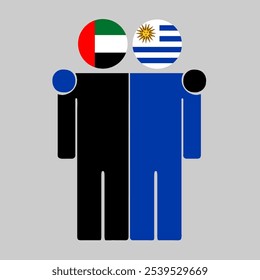 Ilustração plana de duas figuras humanas com bandeiras dos Emirados Árabes Unidos e do Uruguai como cabeças. Design minimalista, fundo isolado.