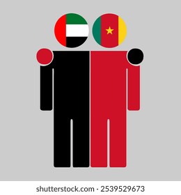 Flat illustration of two human figures with UAE and Cameroon flags as heads. Minimalistic design, isolated background.