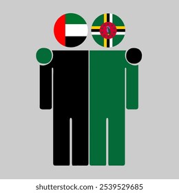 Flat illustration of two human figures with UAE and Dominica flags as heads. Minimalistic design, isolated background.