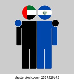 Flat illustration of two human figures with UAE and El Salvador flags as heads. Minimalistic design, isolated background.