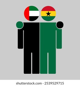 Ilustração plana de duas figuras humanas com bandeiras dos Emirados Árabes Unidos e Gana como cabeças. Design minimalista, fundo isolado.