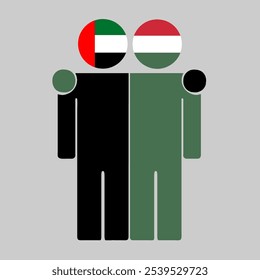 Flat illustration of two human figures with UAE and Hungary flags as heads. Minimalistic design, isolated background.