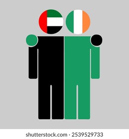 Ilustração plana de duas figuras humanas com bandeiras dos Emirados Árabes Unidos e da Irlanda como cabeças. Design minimalista, fundo isolado.