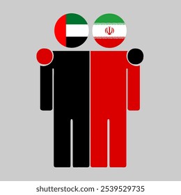 Flat illustration of two human figures with UAE and Iran flags as heads. Minimalistic design, isolated background.