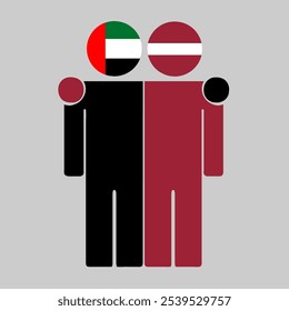 Flat illustration of two human figures with UAE and Latvia flags as heads. Minimalistic design, isolated background.