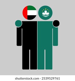 Flat illustration of two human figures with UAE and Macau China flags as heads. Minimalistic design, isolated background.