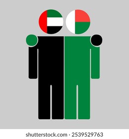 Flat illustration of two human figures with UAE and Madagascar flags as heads. Minimalistic design, isolated background.