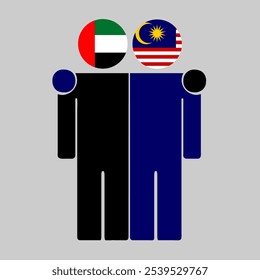 Flat illustration of two human figures with UAE and Malaysia flags as heads. Minimalistic design, isolated background.