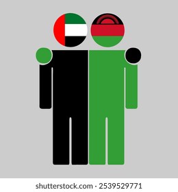 Flat illustration of two human figures with UAE and Malawi flags as heads. Minimalistic design, isolated background.