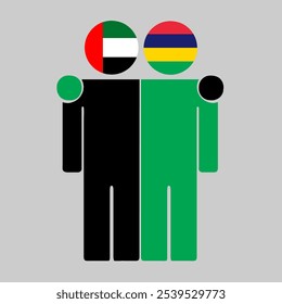 Flat illustration of two human figures with UAE and Mauritius flags as heads. Minimalistic design, isolated background.