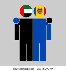 Flat illustration of two human figures with UAE and Moldova flags as heads. Minimalistic design, isolated background.