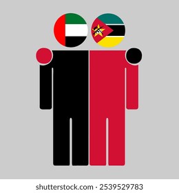 Flat illustration of two human figures with UAE and Mozambique flags as heads. Minimalistic design, isolated background.